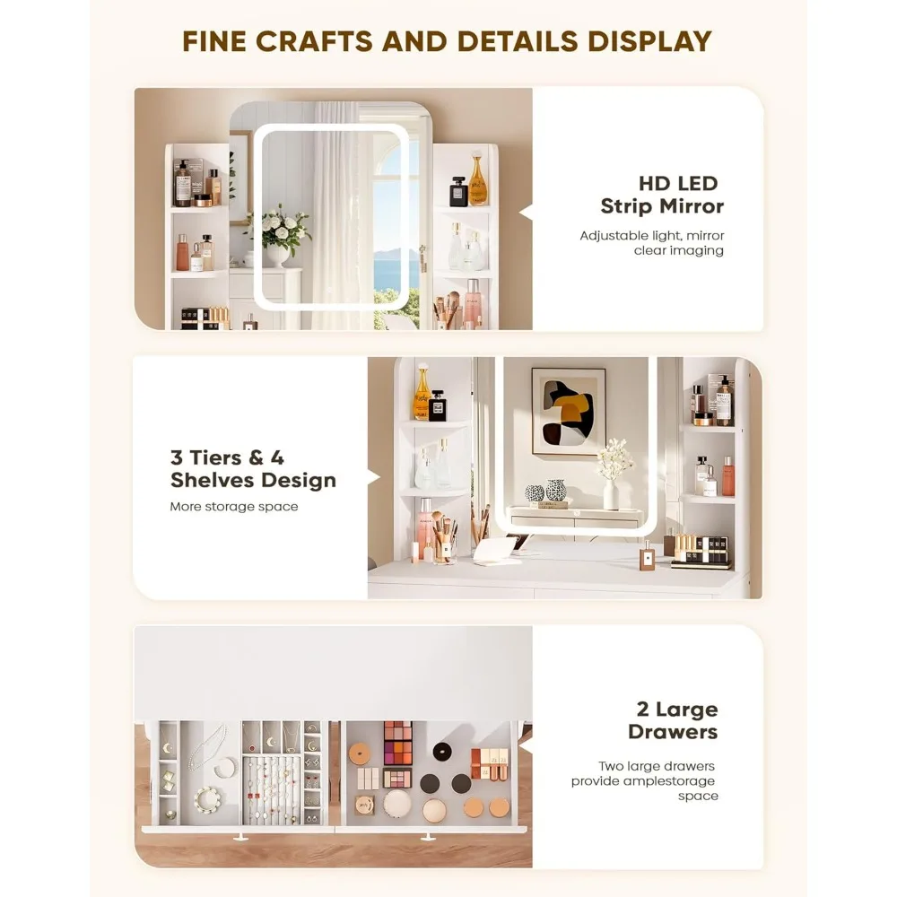 "مكتب زينة للمكياج بإضاءة LED مع مخرج طاقة، طاولة زينة مدمجة ذات درجين و5 أرفف، طاولة زينة"
