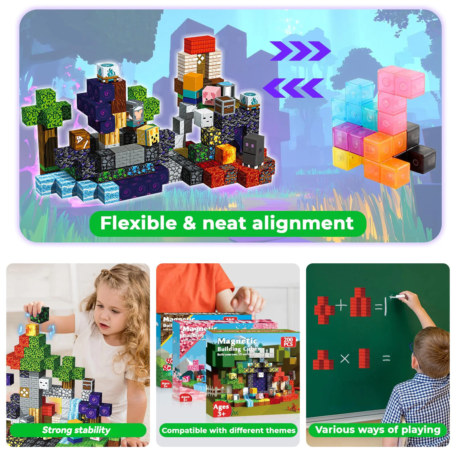 200 ชิ้น บล็อกแม่เหล็กของเล่นเสริมสร้างจินตนาการ 3 มิติ บล็อกสร้างสรรค์เพื่อการศึกษา ของขวัญวันเกิดและคริสต์มาสสำหรับเด็กชายและเด็กหญิง