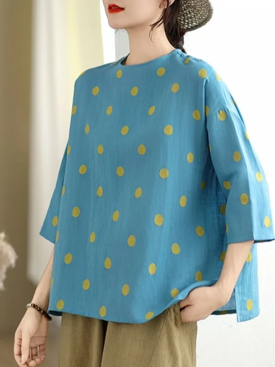 

Льняной морской синий принт в горошек, свободный крой, круглый, Ne, женский повседневный топ больших размеров, дышащий летний топ