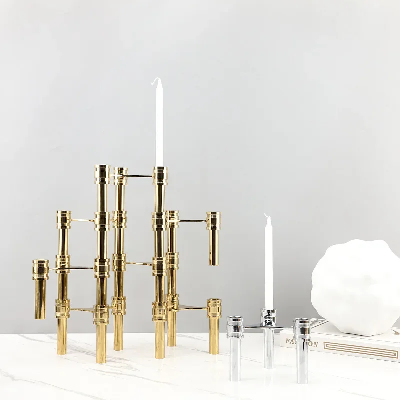 Metal Candle Stand Geometric Triangle Golden Candle Holder Assembled Stacked Artistic Ornaments Candlestick Candle Stick Holder