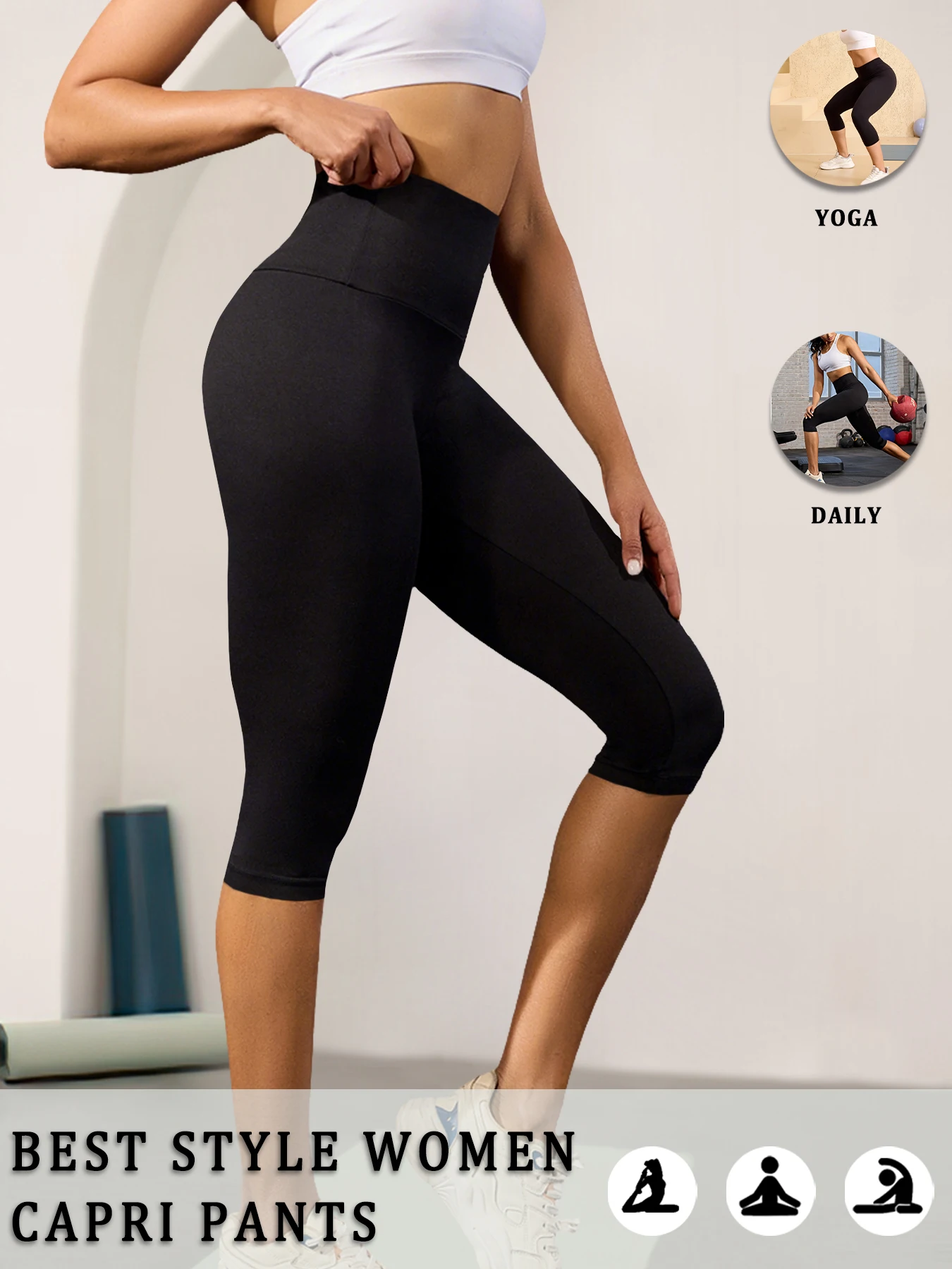 Women High Waisted Capri Pants Super Soft No See Through Tummy Control Yoga Running Workout Home Casual Leggings
