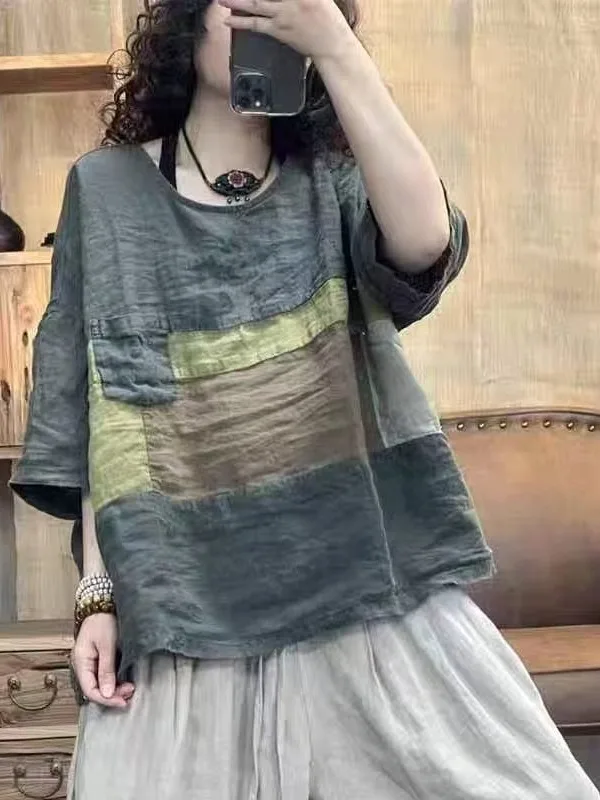 T-shirt da donna in lino vestibilità ampia con giunture rotonde retrò, top estivo casual, abbigliamento femminile allentato artistico di grandi dimensioni