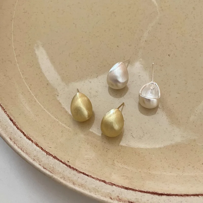 Trendy Minimalist 925 Sterling Silver Metal Brushed Matte Gold Color Teardrop-shaped Stud Earrings for Women Korean Jewelry Gift