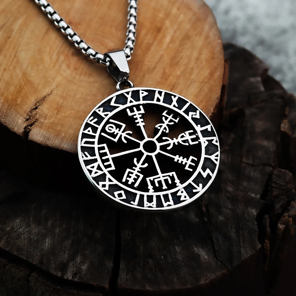 Viking Compass Rune Titanium Steel Pendant with European and American Style Men\'s Odin Logo Personalized Pendant Necklace