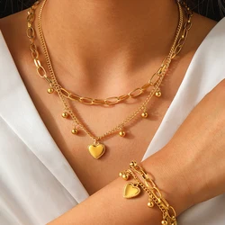 Stainless Steel Set Elegant Heart Beads String Chain Double Layered Necklace Bracelet Set For Women Jewelry Everyday wear