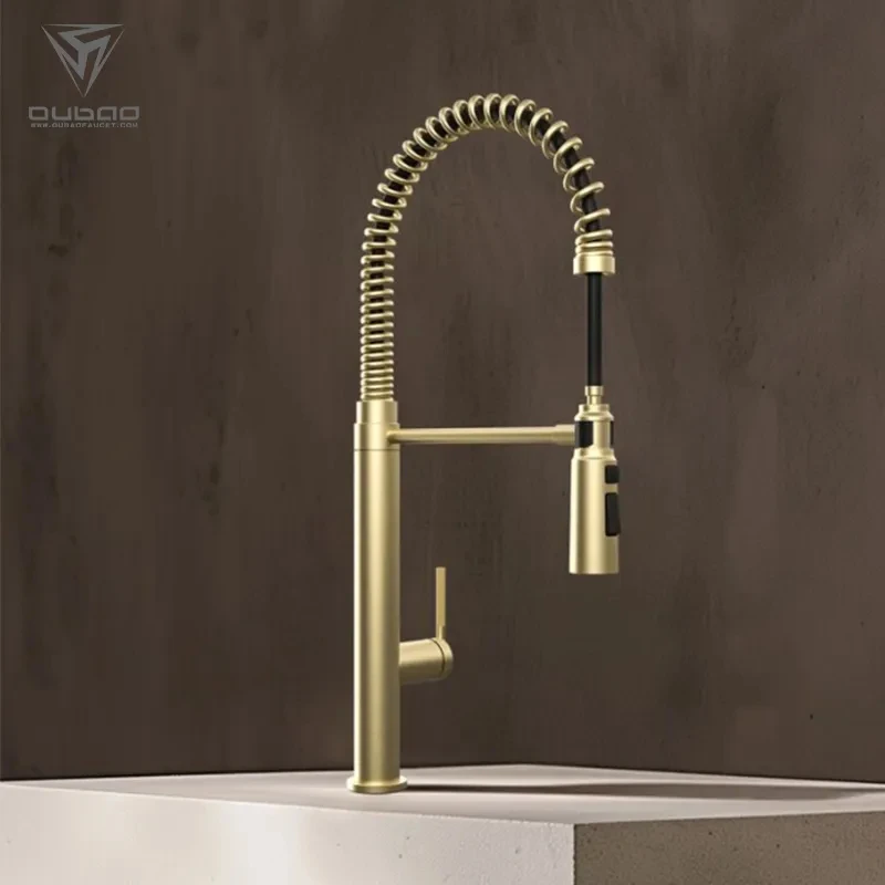 High arch flexible European push down stainless steel kitchen faucet with pull down spray