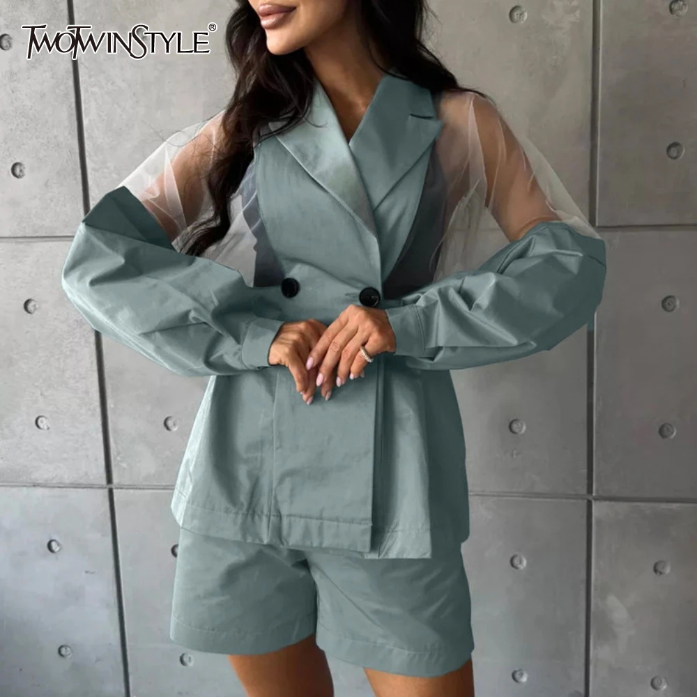 

TWOTWINSTYLE Streetwear Two Piece Set for Women Lapel Spliced Mesh ​​long Sleeve Cardigan Top High Waist Shorts Suit Female New