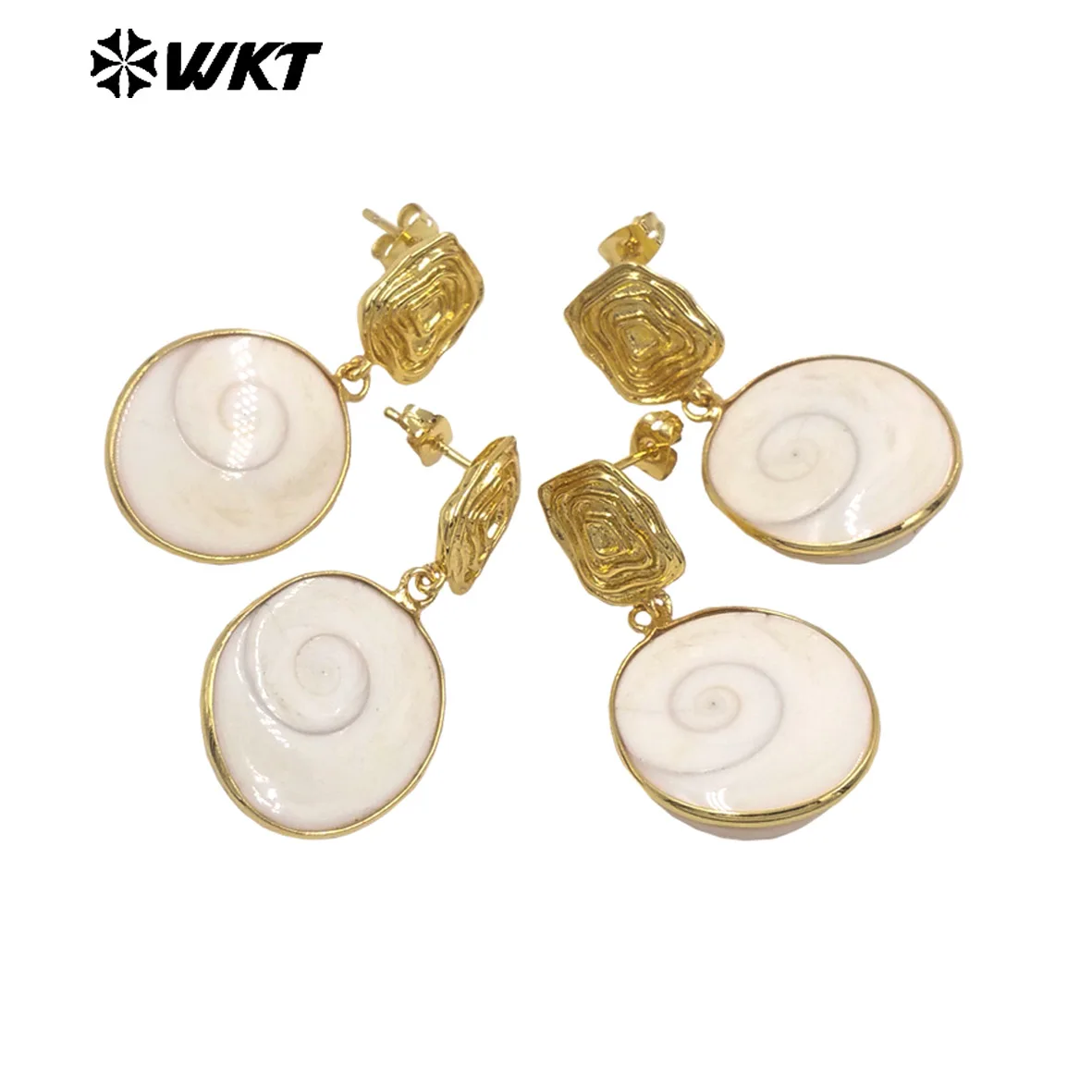WT-MPE170 Classic Simple Trumpet Shell Round Shape Earrings 18k Real Gold Plated For Girls Jewelry Gifts