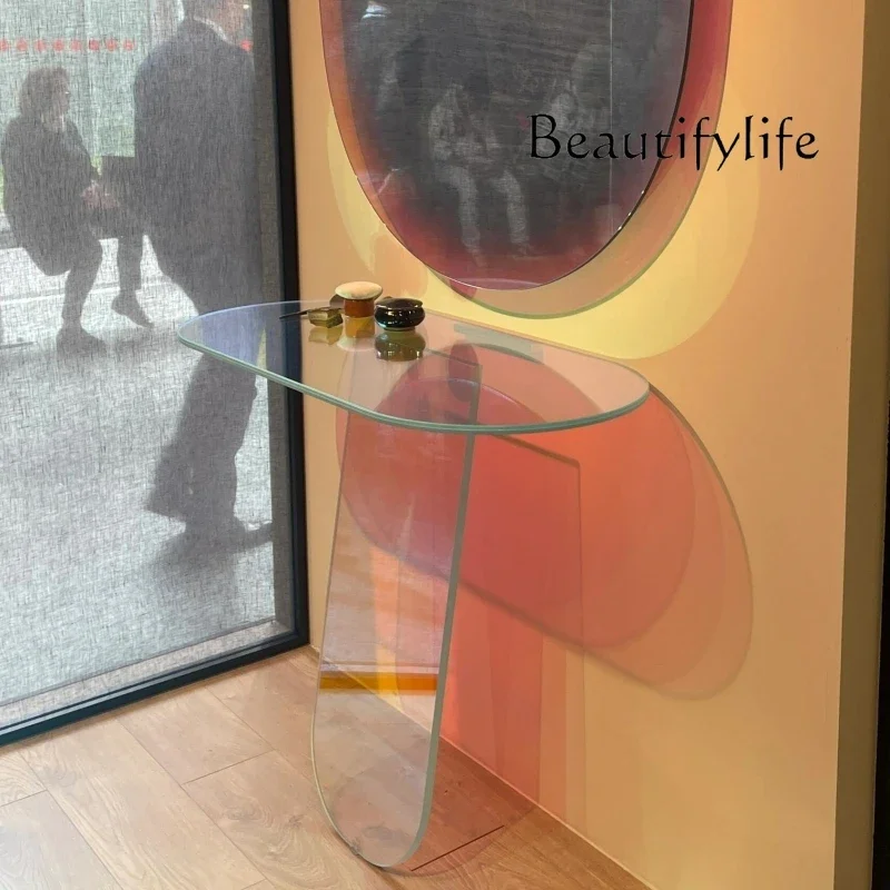 X Italian Glass Entrance Table, Creative Minimalist Entry Against The Wall, A Few Shelves, Light Luxury Corridor Entrance Table