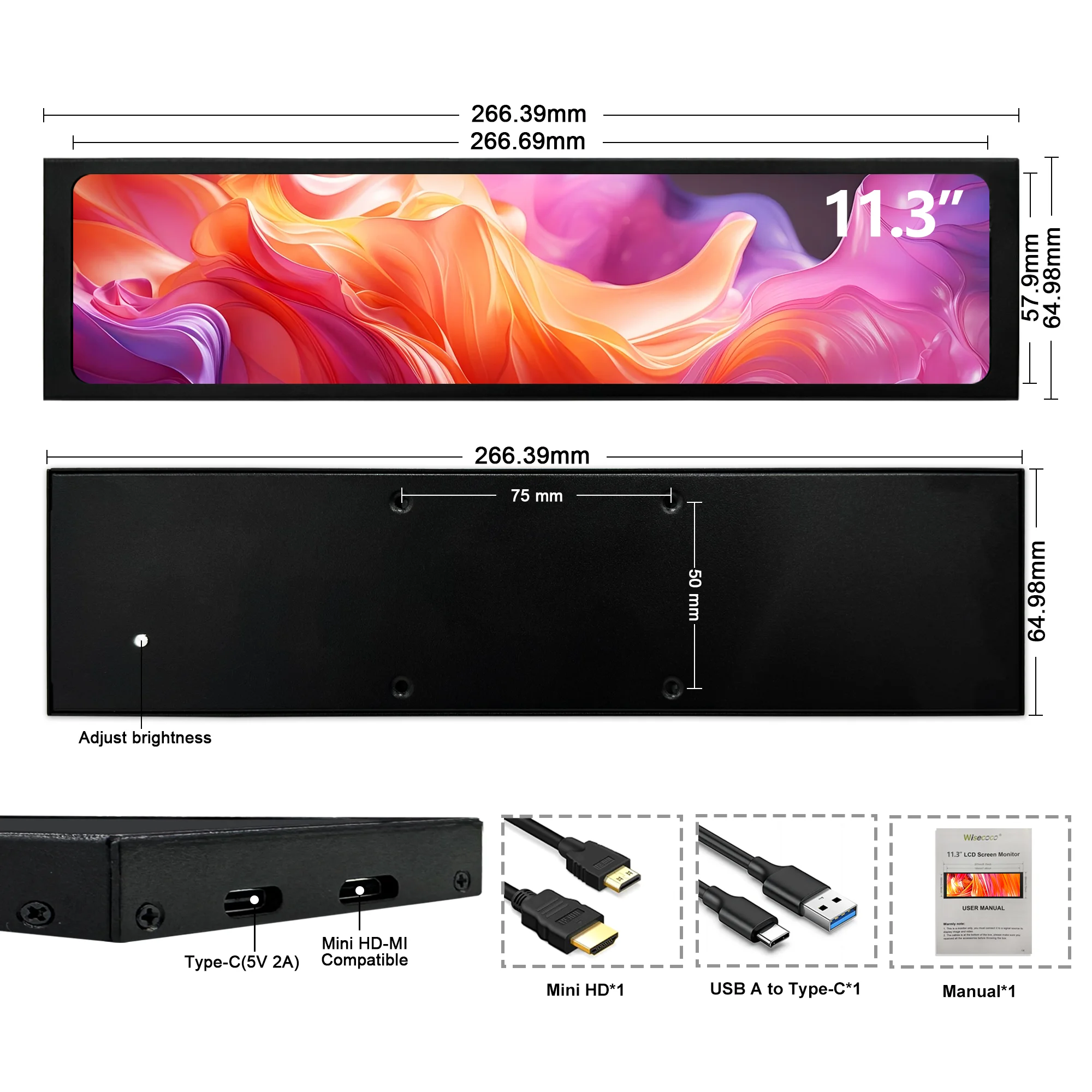 Wisecoco 11,3 polegadas portátil 1920 * 440 longo mini tela sub ips lcd estiramento amplo para caixa de pc aida64 (sem suporte igpu amd)