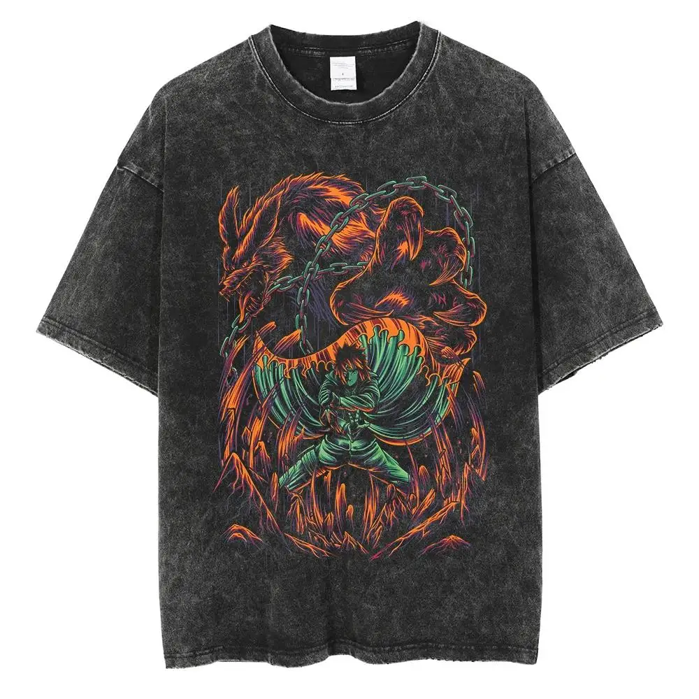 Kyuubi Kurama Washed T Shirt Harajuku Streetwear Hip Hop Japanese Mnaga Graphic T Shirts Cotton Summer Short Sleeve Vintage Tops