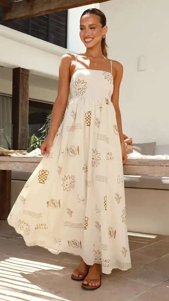 

Year 25 Summer New Fresh and Fashionable Printed Personalized Back Hollow Suspender Dress Dress Robe Vestido Women Elegant
