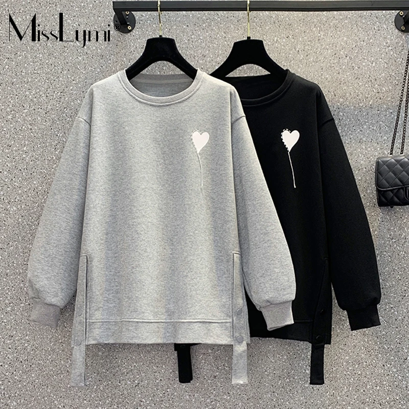 

MissLymi L-4XL Large Size Women Autumn Winter Streetwear Tops 2023 Loose Cover Bottom Love Print Handmade Embroidery Sweatshirts