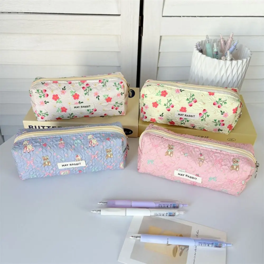 Simplicity Bow Large Capacity Floral Pen Bag Multi-function Portable Pencil Cases Makeup Bags Travel