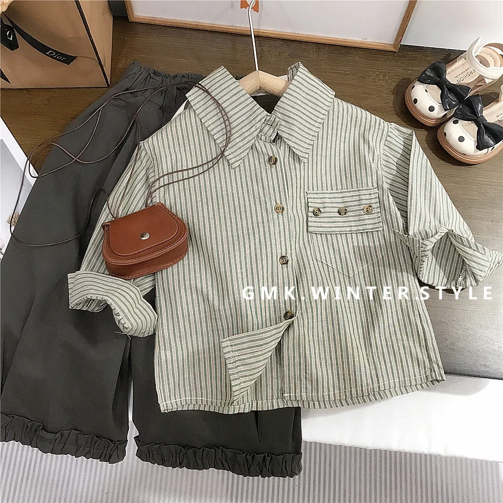

Korean Children's Clothing, Girls' Spring and Autumn New Style Trendy Striped Shirt, Casual Solid Color Pants
