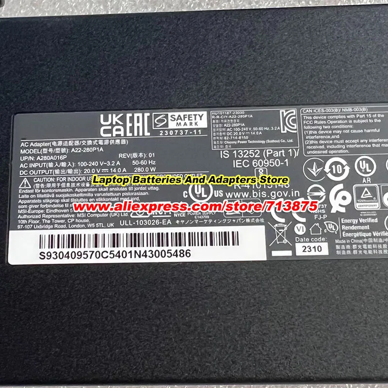 Genuine For Chicony 20V 14A 280W AC Adapter A22-280P1A for MSI Vector GP66HX 12UGS-066 Raider GE76 GE66 GP66 GP76 Vector 17 HX