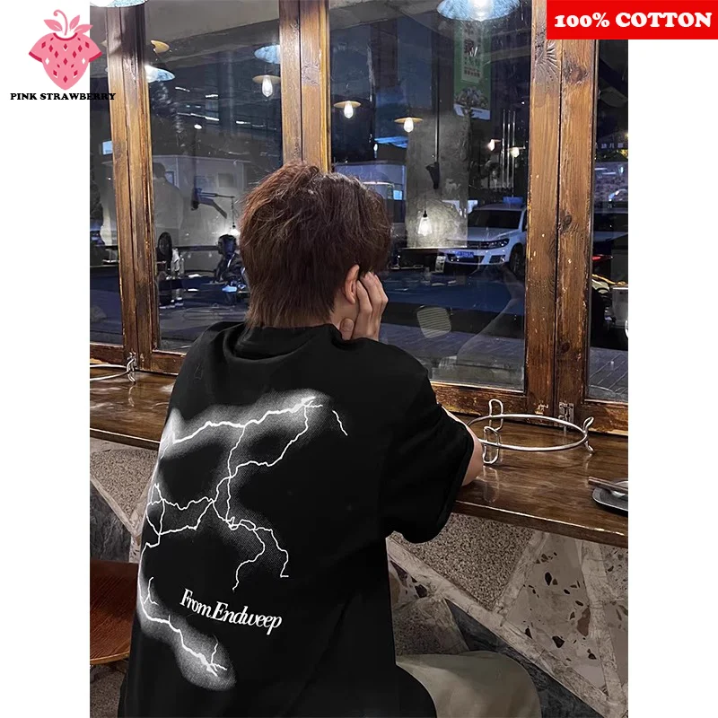 

100% Cotton Short sleeve T-shirt Men Summer 2025 New Retro Lightning Print Tee Loose Casual Y2k Tops High Quality Male clothing