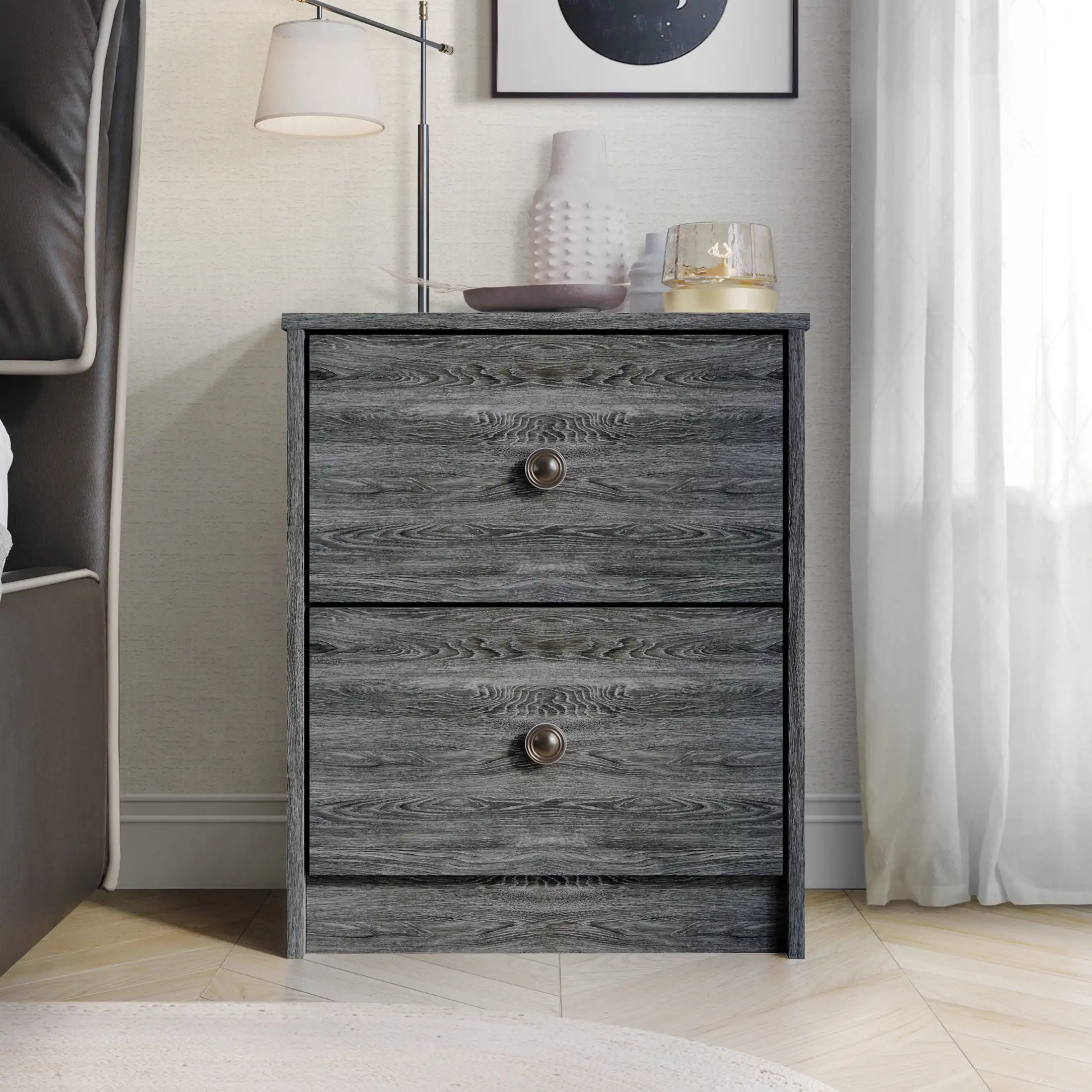 

Vintage Nightstand with 2 Drawers, Dark Gray