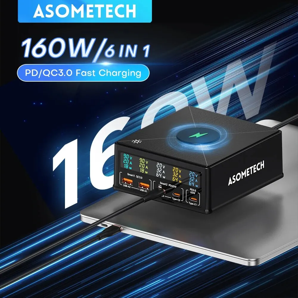 ASOMETECH 160W USB Charging Station Wireless Charging 100W 65W PD PPS GaN Charger Quick Charger For Laptop Tablet iPhone Samsung