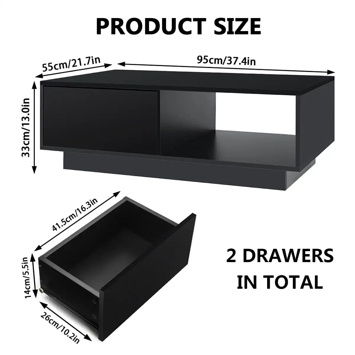 Mesa de centro LED Mesas laterais modernas Mesa de coquetel preta de alto brilho com 2 gavetas Prateleira aberta para sala de estar