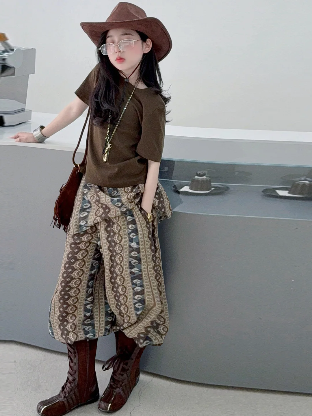 girls-bohemian-wide-leg-pants-set-summer-outfit-three-piece-korean-style-mixed-fabric-children's-clothing-set-for-ages-3-18