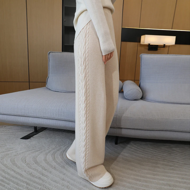 100% pure cashmere knitted wide-leg pants for women, thickened for autumn and winter, high-waisted, floor-length pants