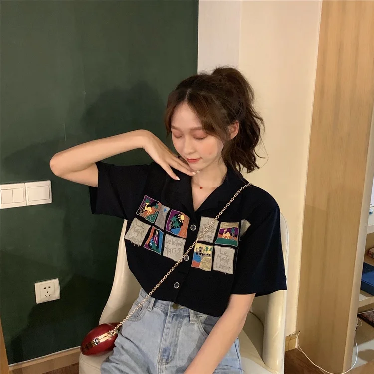

Women's Fashion Casual Loose Short Sleeve Shirt New Summer Retro Hong Kong Style T-shirt Hip Hop Alphabet Print Shirt Half Sleev
