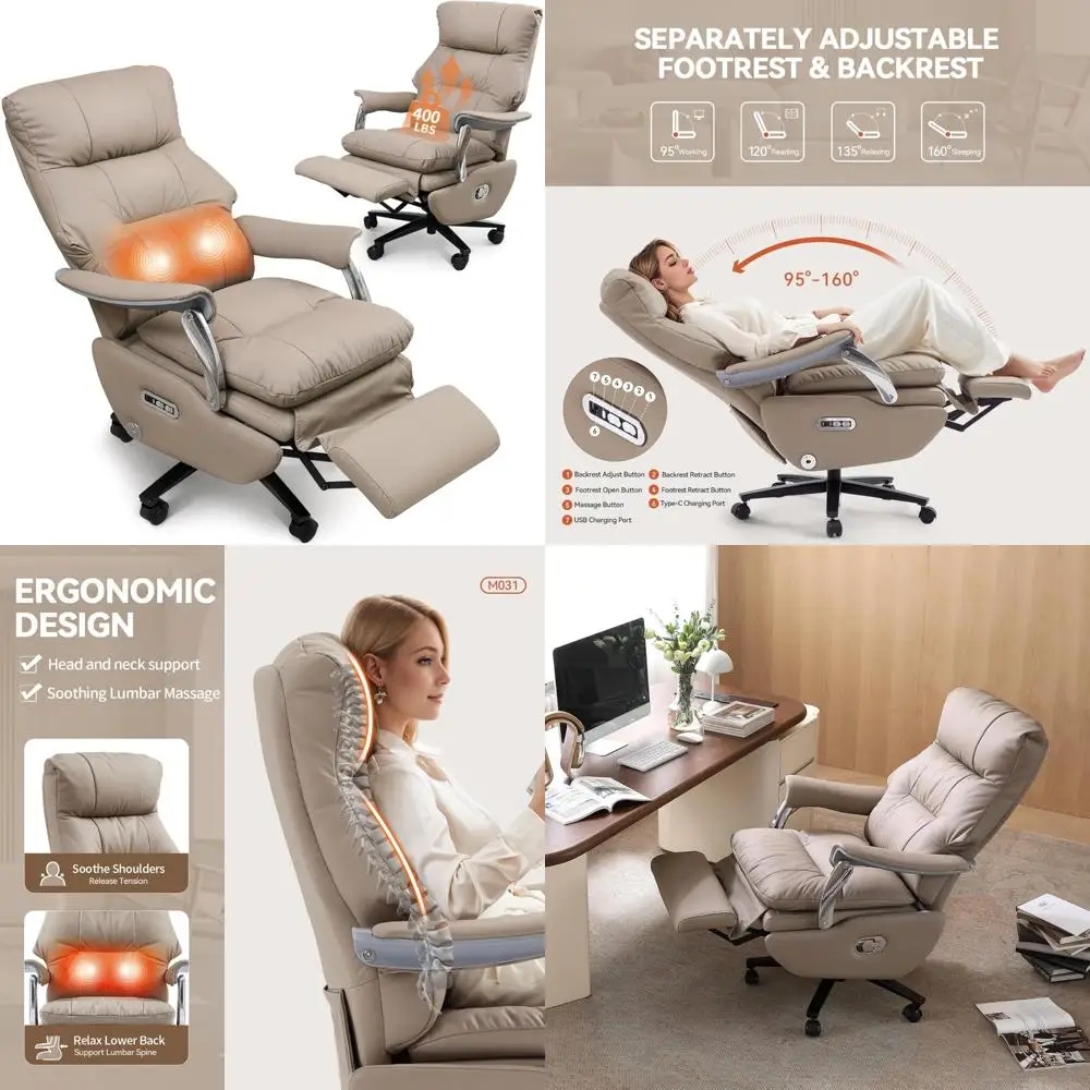 ergonomic reclining desk chair with footrest, sustainable leather, electric massage features for home office