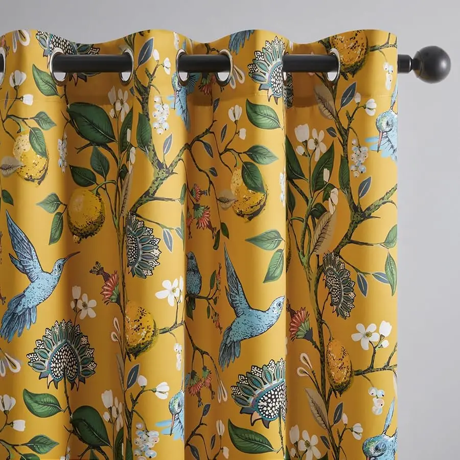 

Mustard Yellow intage Curtains & Drapes 84 Inches Long, Grommet Luxury Whimsical Floral Lemon Hummingbird Patterned Wa erly Mid