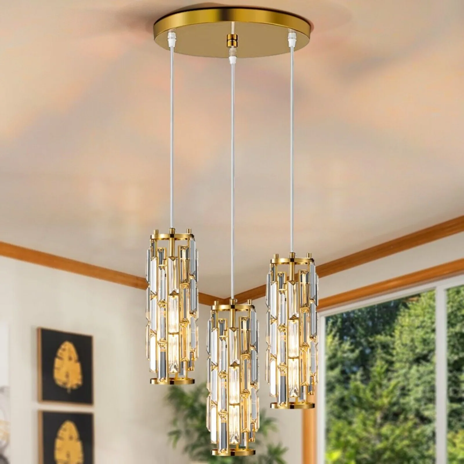 

US Gold Cluster Chandelier Crystal Pendant Light 3 Lights Ceiling Lighting Fixture-