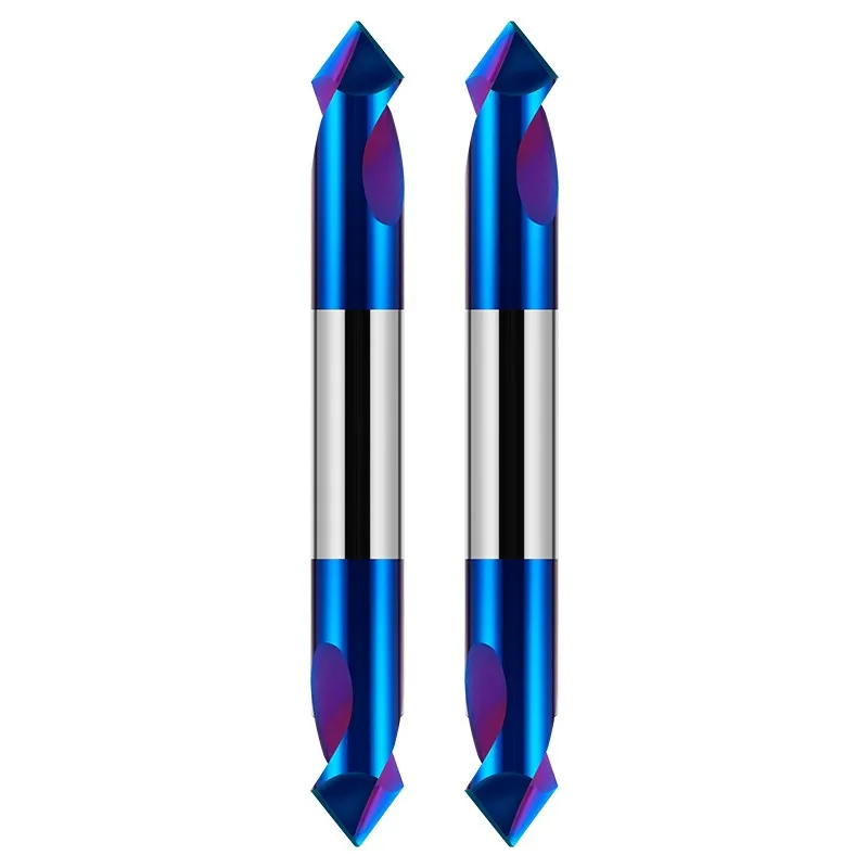 AZZKOR HRC65 2-Flute Tungsten Steel Carbide Double Headed Point Drill Blue Nano Coating CNC Chamfer Milling Cutter Tools