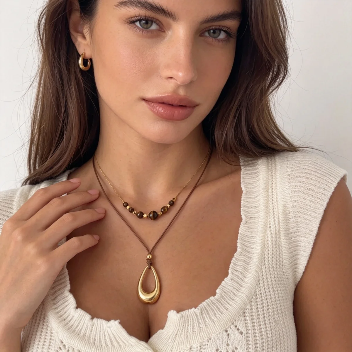 Vintage Einfache Tigerauge-Stein Wassertropfen-Anhänger Halskette für Frauen Männer Hohle Geometrische Tropfenform Lederseil Choker Schmuck – Detail 14