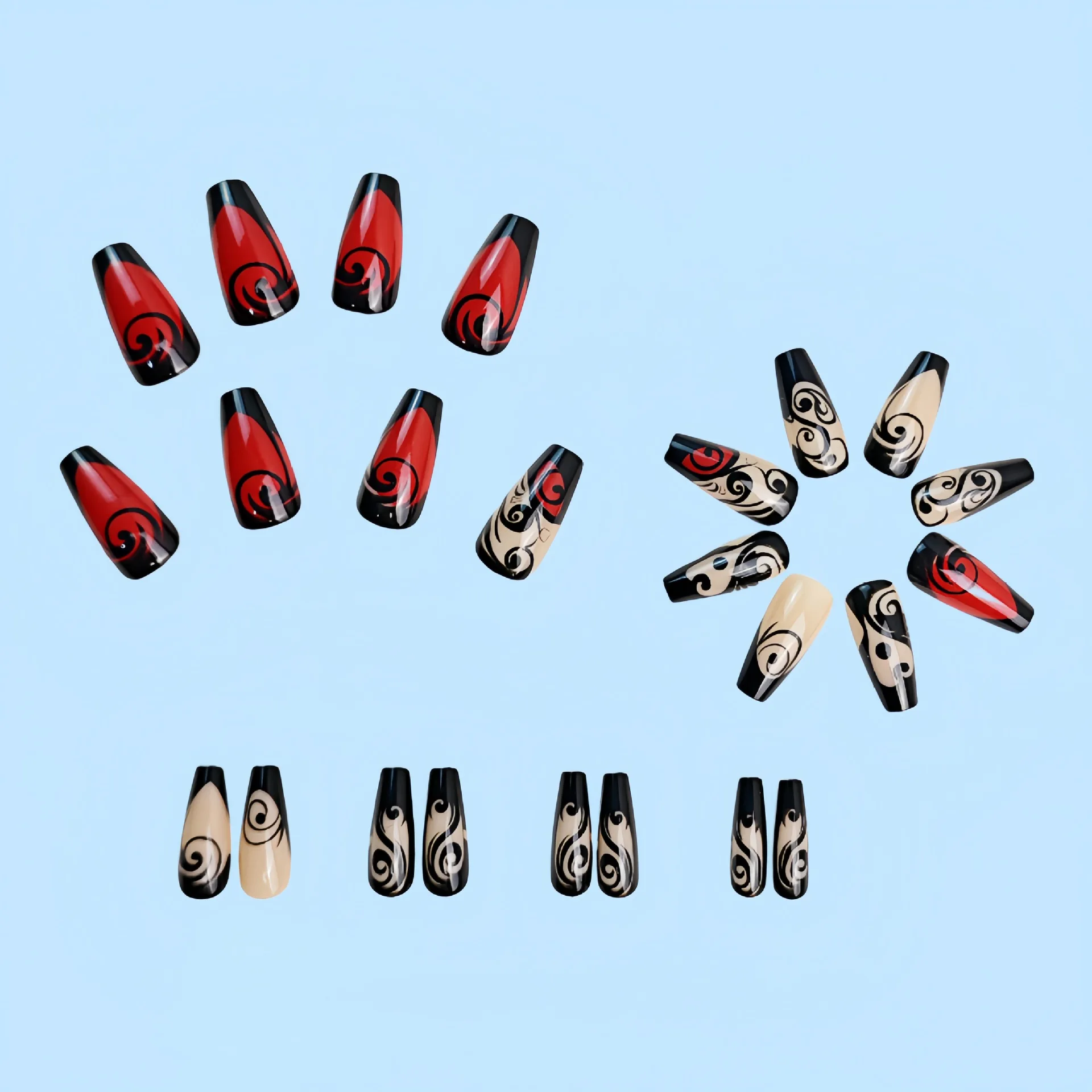 24pcs/set fake nails for women black red flowers french style Medium ballet shape full cover reusable press on Artificial Nails