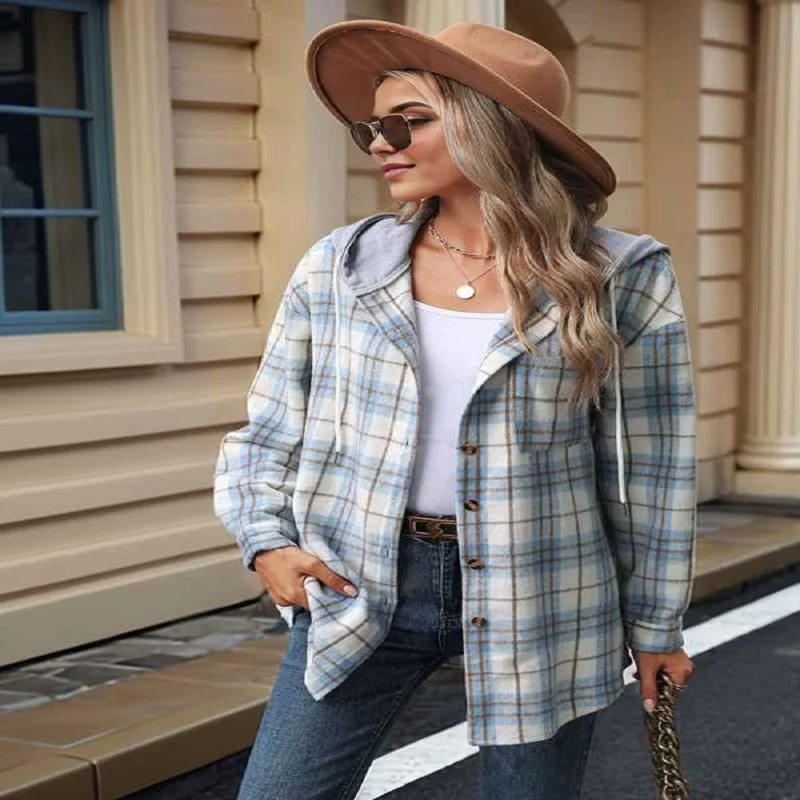 Autumn And Winter Checkered Color-Blocking Hooded Jacket Long-Sleeved Warm Outerwears Fashion All-Match Streetwear Female Coats