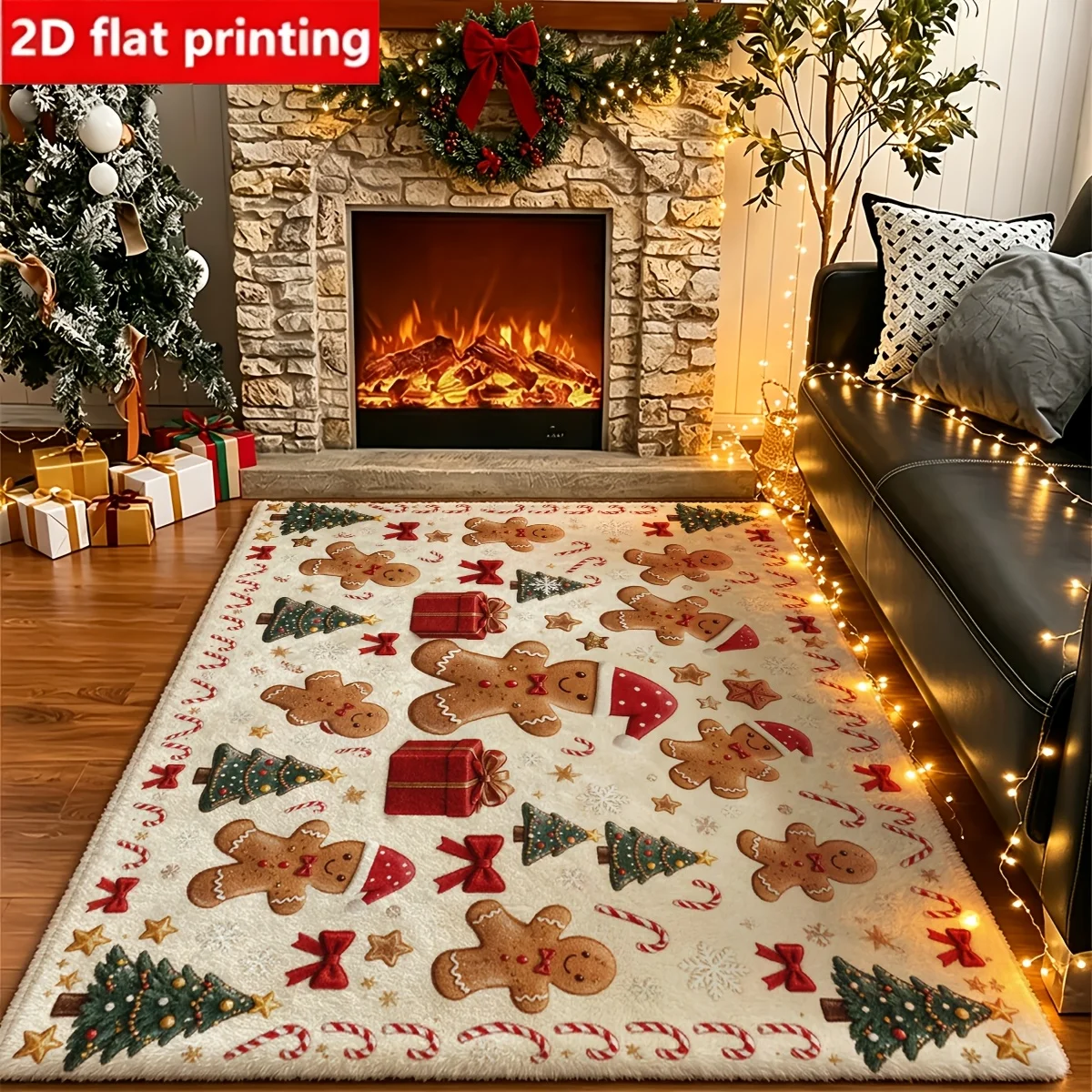 1pc 2D Flat Gingerbread Man Christmas Tree Gift Candy Cane Printed Floor Mat, Decorative Rug for Living Room, Bedroom, Home