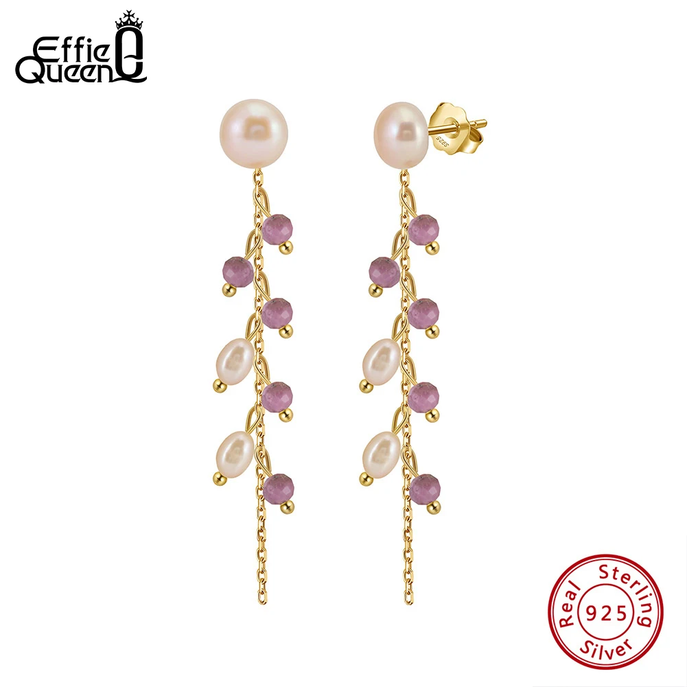 

Элегантные серьги-подвески Effie Queen из стерлингового серебра 925 пробы с фиолетовой слюдой и натуральным жемчугом, для повседневной носки и отпуска, изысканные ювелирные украшения, подарок MPE05