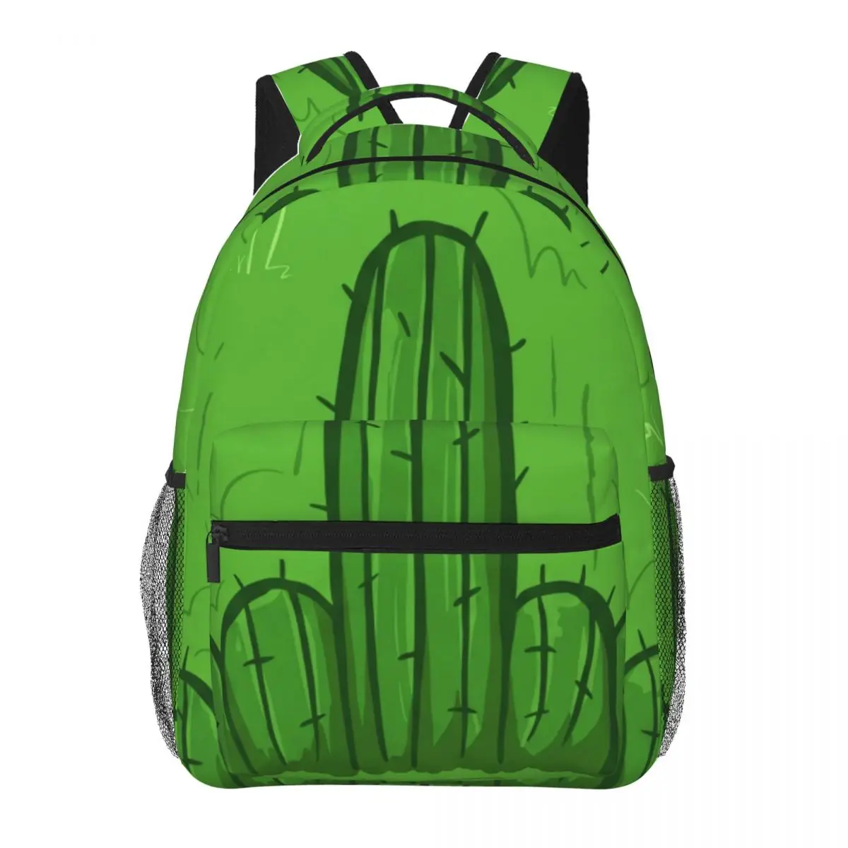 Print Student Backpack Center Cartoon Cactus Whimsical Illustration Vibrant Green Multi Comic Bookbag for Teens College Travel