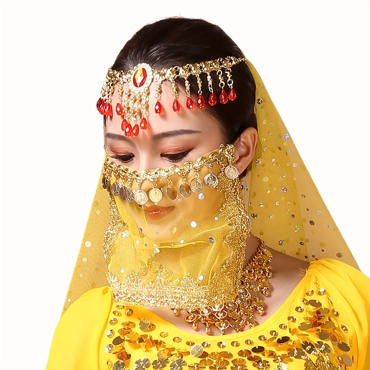 Women\'s Performance Mask Belly Dance Coin Covering Face Mask Exotic Western Region Style Cosmaly Dance Decoration Props