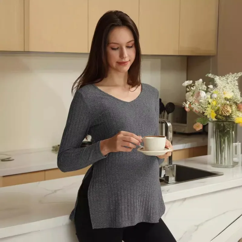 Pregnant Women's Autumn and Winter New Roman Fleece Solid Color V-neck Long Sleeved Slit Sweater Soft Nursing V-neck Top