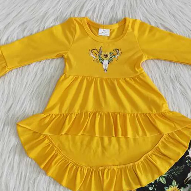 New hot sale Offset Printed Bull Head Sunflower Yellow Long Sleeve Suit Boutique baby girls children clothing outfits