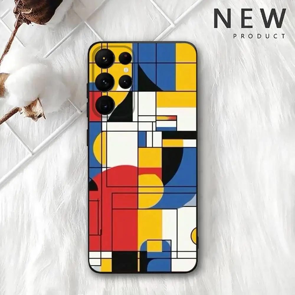 Casing Ponsel Abstrak P-PIET MONDRIANS untuk Samsung S 25,24,23,22,30,21,10,9,Ultra,Plus,Lite,FE,4,5G Casing Lembut Hitam