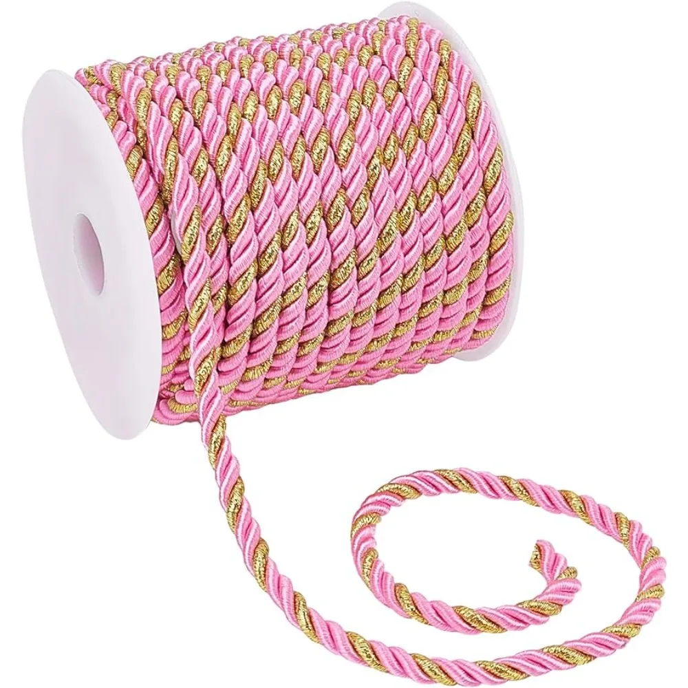 5mm Twisted Cord Trim 16 Yard 3-Ply Cord Twisted Thread Golden Pink Polyester Thread String for Curtain Tieback Upholstery