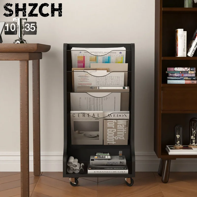 Simple Wooden Bookcase with Wheels Mobile Floor Shelf Magazine Rack for Kids Picture Books Bedroom Living Room Display Stand