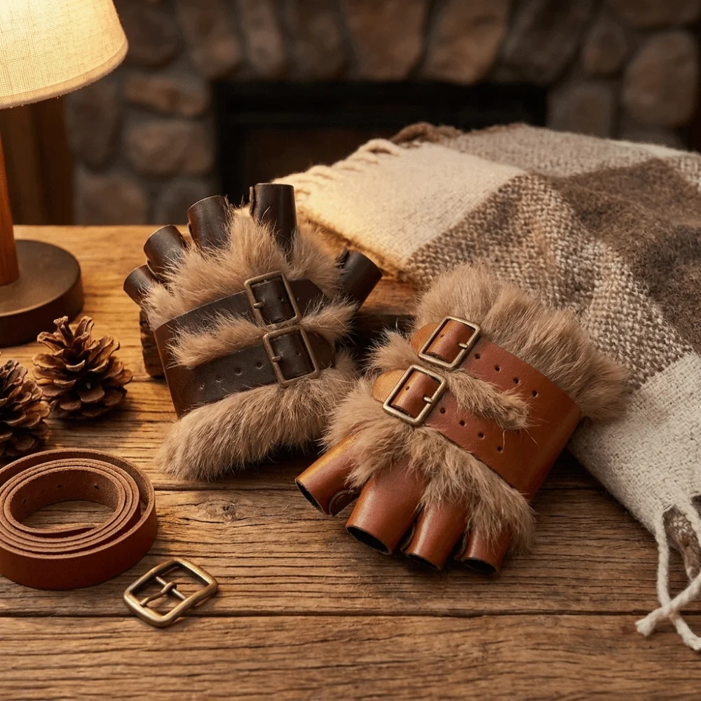 Steampunk Faux Fur Fingerless Gloves Adjustable Buckle Warm PU Leather Mittens Realistic Furry Gauntlet Viking