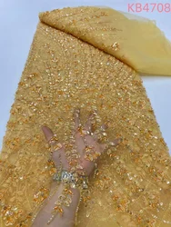 Burnt Orange, With Sequins, Beaded Tulle Lace, Embroidery Fabrics, White 3D Flower French Net, Sequin For Sewing, 5 Yards KB4708