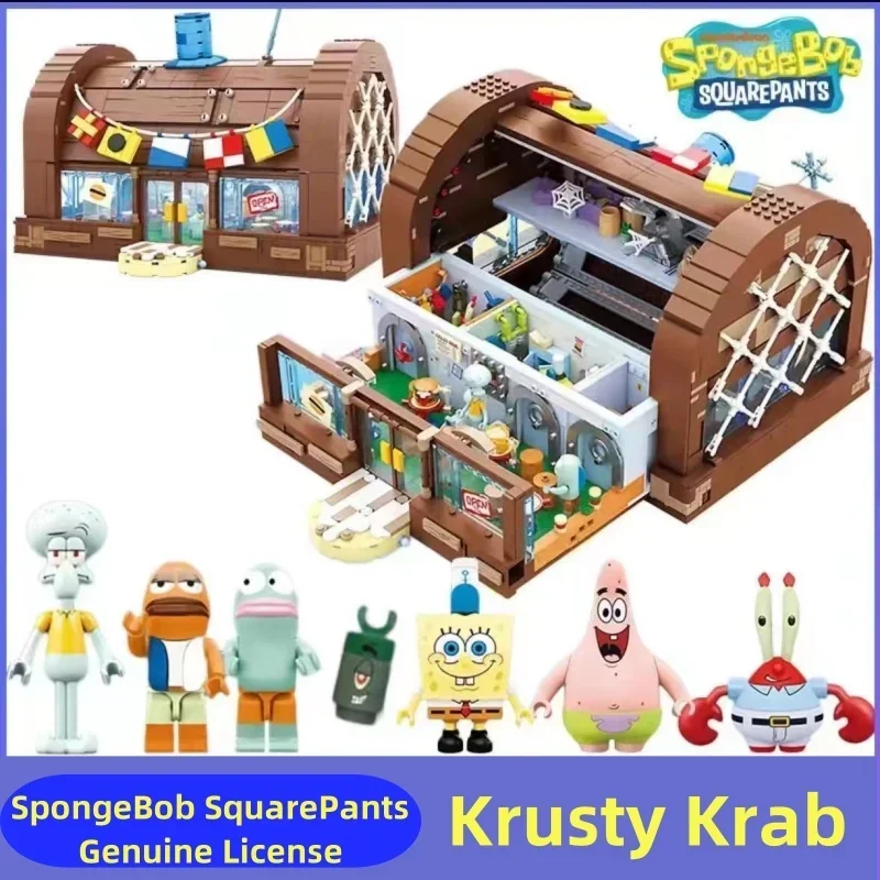 Spongebob Cartoon Krusty Krab Restaurant Building Blocks Krabs Squidward Creative Figure Model Light Bricks Toys For Kid Gifts