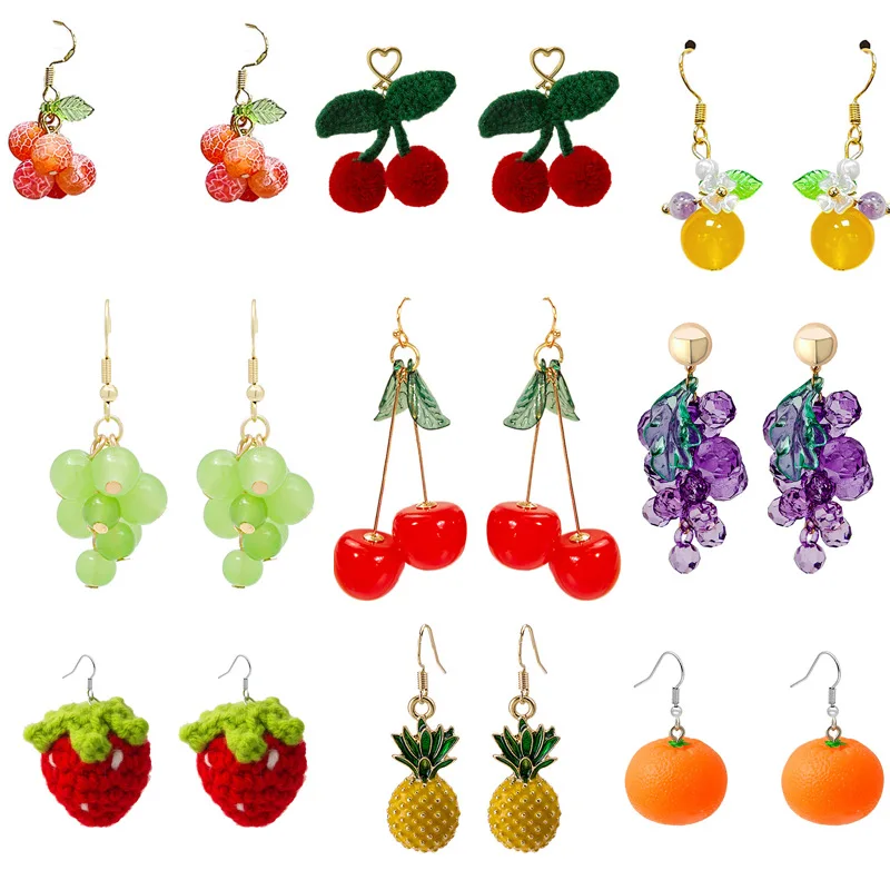 

12pairs MIX Youth cute 3D fruit earrings Hot selling cherry grape strawberry earrings best gift for girlfriend