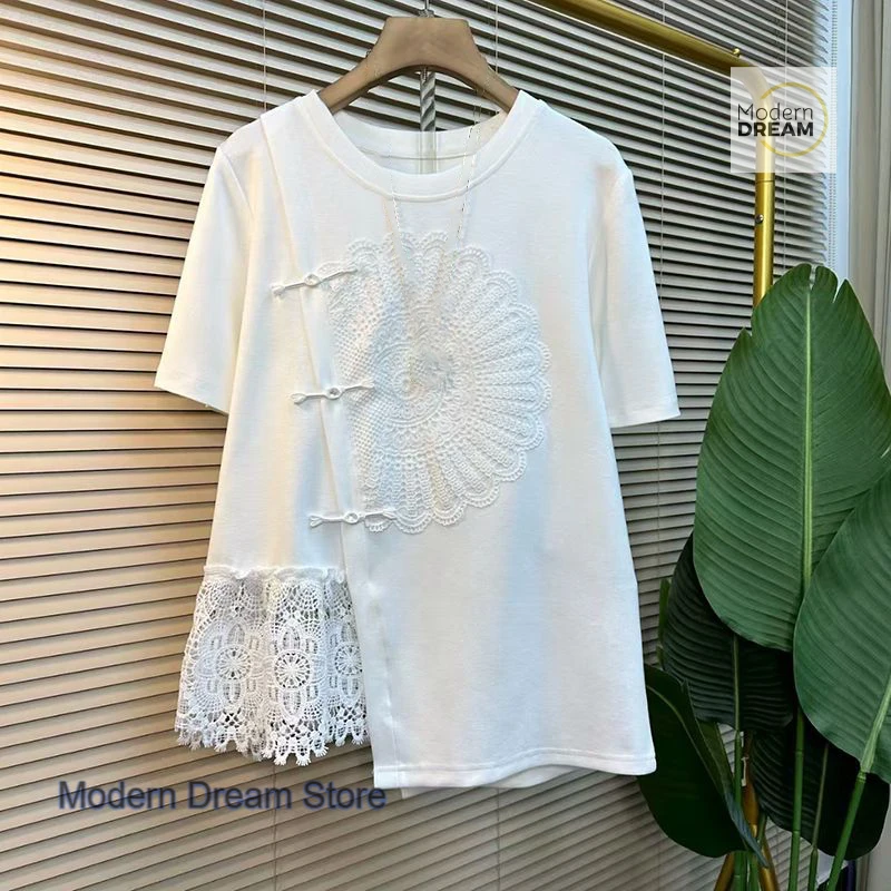 

Summer new lace stitching blouse female new Chinese fashion design sense large size loose round neck long short sleeve T-shirt
