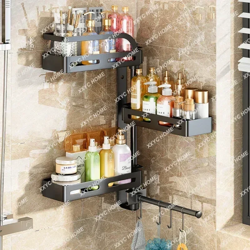 No Punch Shower Holder Rotating Open And Close Washing Stands Multi-layer Partition Bathroom Rack Strong Bearing Storage Shelves