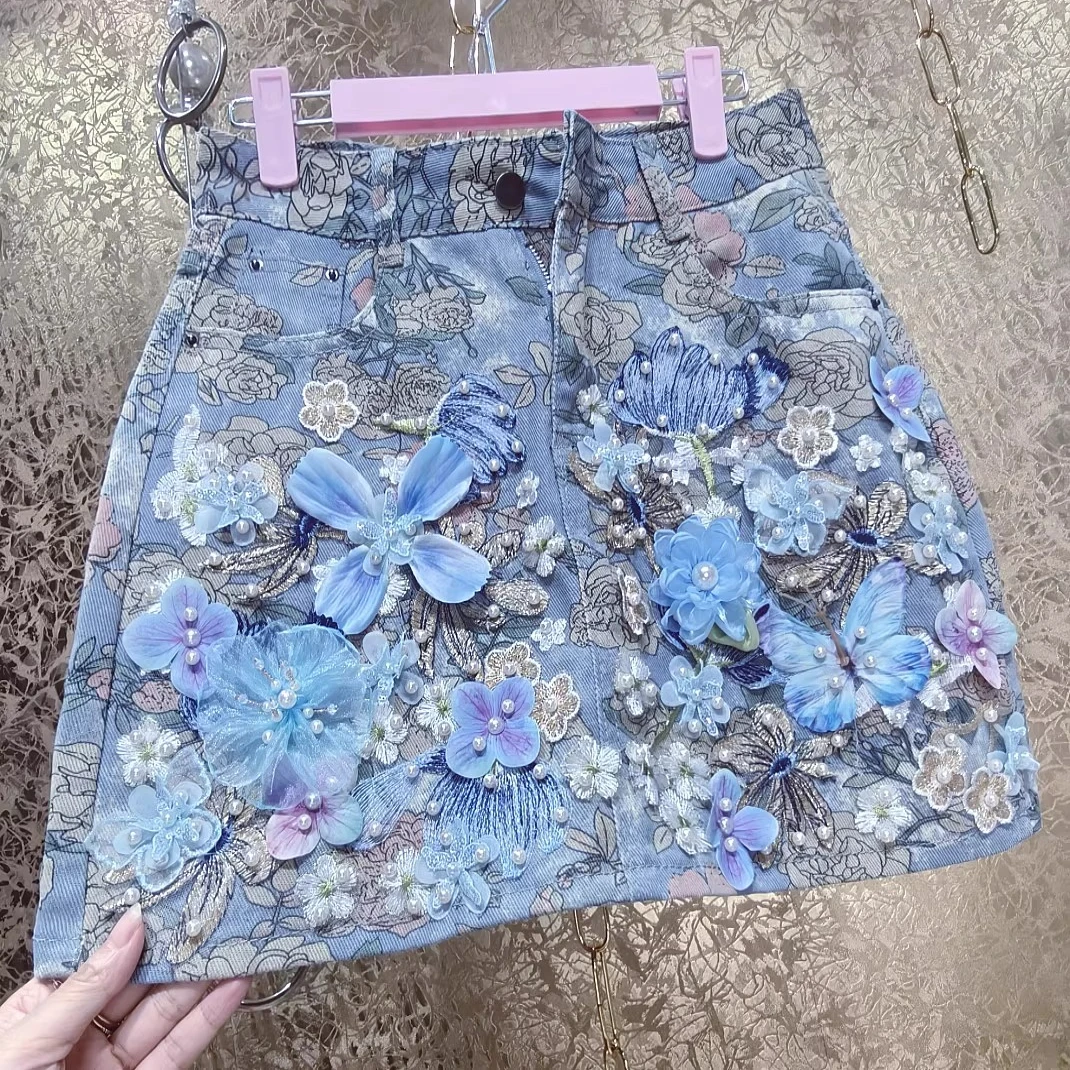 Exquisite Woman Colorful 3D Petals Embroidery Pearls Beaded A-Line Denim Skirts Fairy Flowers Printed Jeans Skirt Cowboy Dress